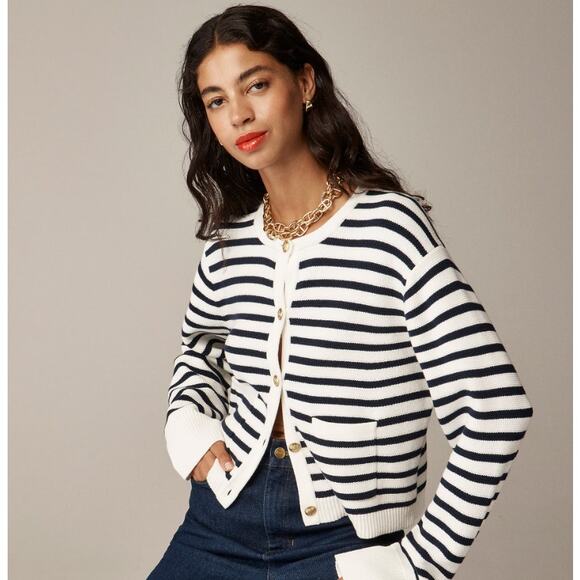 J.Crew New Relaxed Emilie Sweater Jacket Womens M White Navy Striped Cotton Knit - Picture 2 of 9